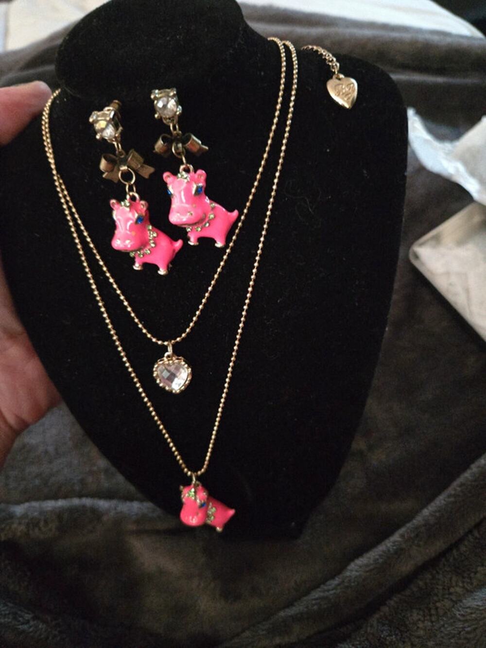 Vintage Pink Enamel hippo Betsey Johnson necklace/earrings set